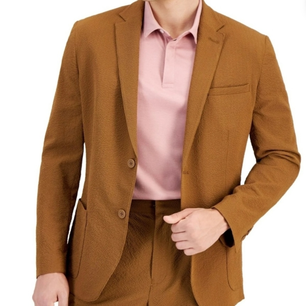 Alfani Mens Classic-Fit Textured Seersucker Sport Coat Jacket Timber Brown L NWT